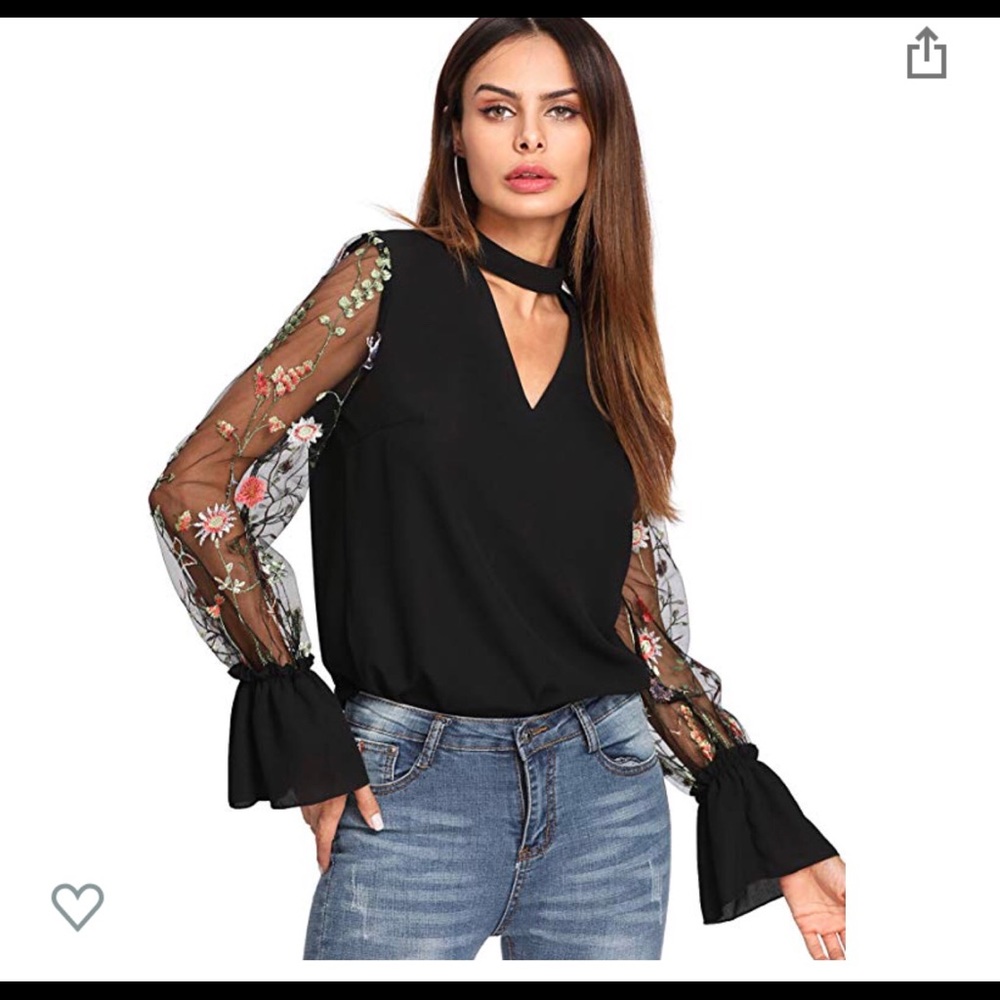 Floral Embroidered Mesh Sleeve Choker Neck Blouse
